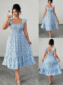 Elenzga Floral Pattern Square Neck Ruffle Sleeve Gathered Bust A-Line Fashionable Elegant Romantic Vacation Party Daily Wear Dress - Blue - View 8