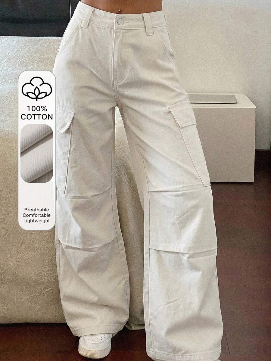 DAZY Pantalones cargo beige para mujer, jeans de estilo casual de calle - Blanco - Ver 1