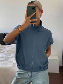 DAZY 女款翻領無袖短版街頭休閒背心式薄外套 夏季 - 淺藍色 - 查看 3