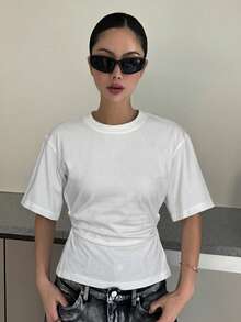 DAZY 女士休闲纯色露背T恤，适合夏季穿着，百搭时尚，Y2K风格 - 白色 - 查看 6