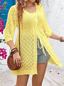 SHEIN Clasi Cárdigan casual de talla grande con botones delanteros y lazo, para vacaciones - Amarillo claro - Ver 1