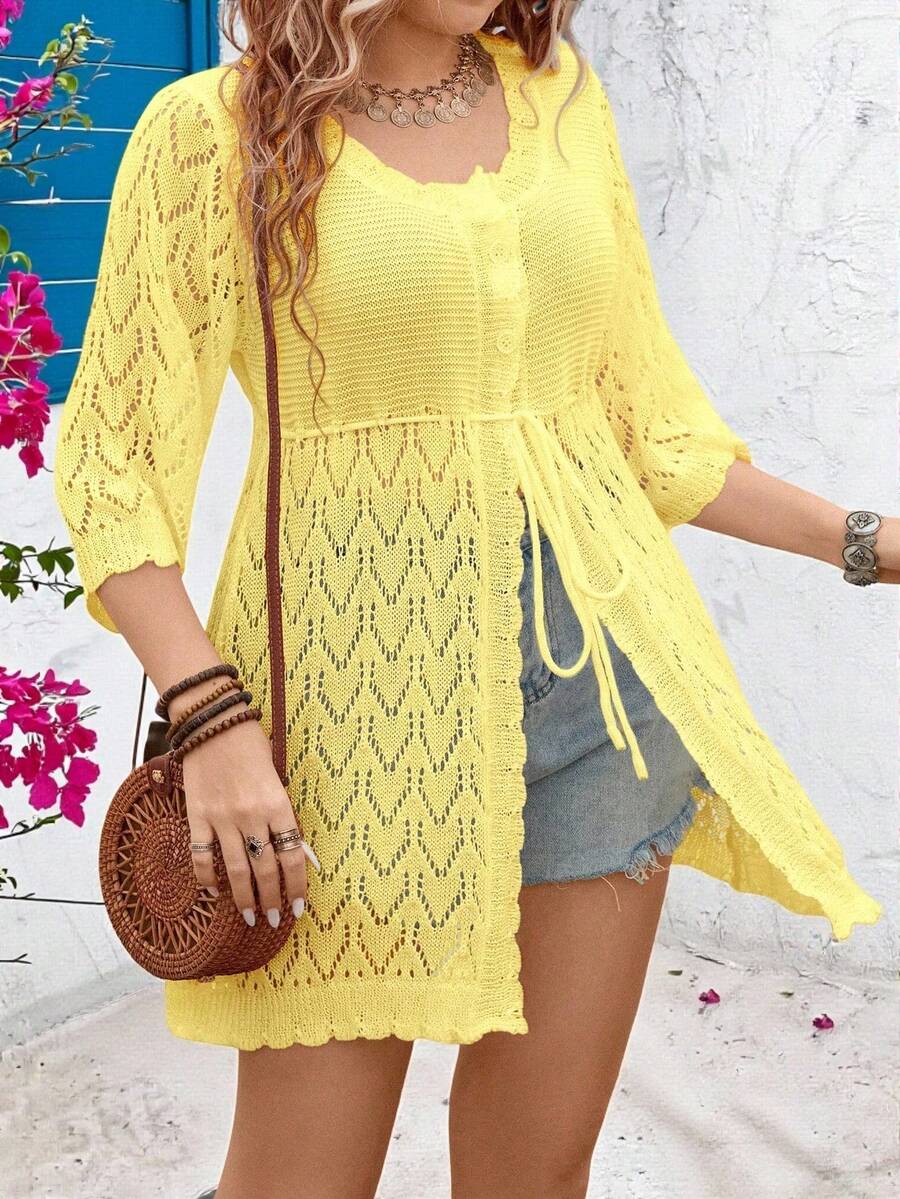 SHEIN Clasi Cárdigan casual de talla grande con botones delanteros y lazo, para vacaciones - Amarillo claro - Ver 1