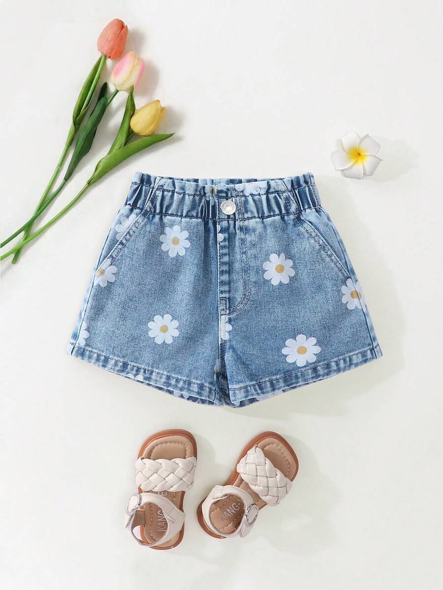 SHEIN Playful Pals 女童牛仔短褲 夏季新款鄉村清新印花花卉圖案 深藍色水洗牛仔彈性腰頭 舒適優質棉質牛仔 日常基礎校園穿搭 度假棉質夏裝 童牛仔短褲