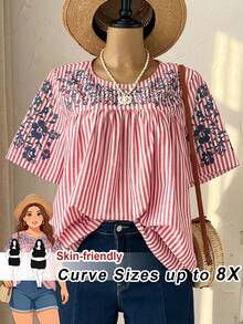 SHEIN CURVE+ 大码女式春季休闲度假短袖条纹印花衬衫 - 粉色 - 查看 1