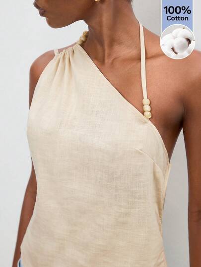 Maija Women's Vacation Casual Solid Color Asymmetric Neck Backless Halter Top
