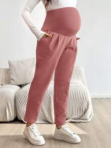 SHEIN Pantalones casuales de maternidad con textura, versátiles y ajustables en la cintura - Óxido marrón - Ver 3