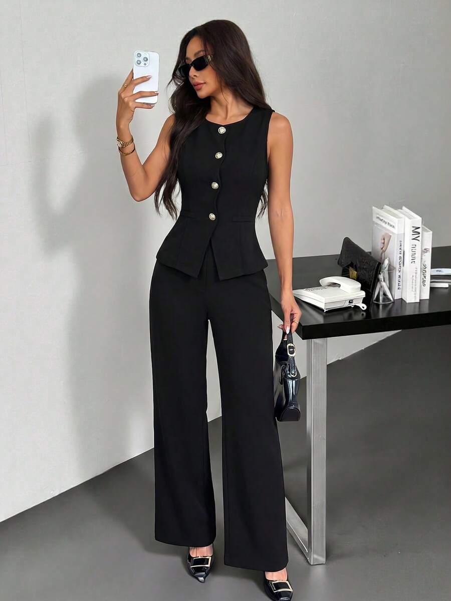 SHEIN PETITE 女款優雅辦公夏季黑金單排扣背心與寬腿褲兩件套,無袖修身上衣套裝,時尚百搭穿搭,適合嬌小女性 - 黑色 - 查看 1