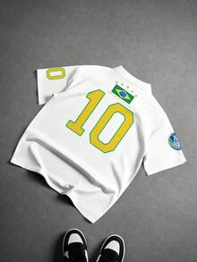 Aesthetic Post Retro Aesthetic Brazil #10 Yellow & Green Contrast Color White Football Jersey,Loose Fit Gym Sports Tee,Men's Summer Casual Short Sleeve Polo Shirt - Multicolor - View 4