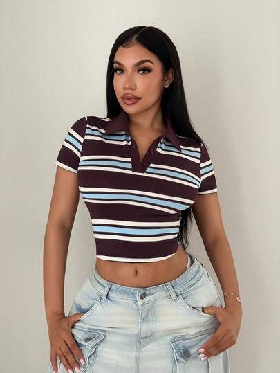 SHEIN SXY Casual School Style Striped Contrast Collar T-Shirt, Back To School Season
