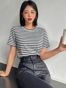 DAZY 女士夏季豹纹宽松圆领短袖T恤 - 藍色 - 查看 4