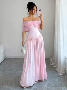 Elenzga Women's Solid Color Pleated Off-Shoulder Elegant Dress - Pink - View 6
