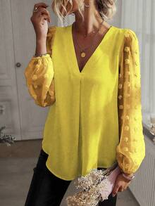 EMERY ROSE Blusa de manga farol con textura para mujer talla grande - Amarillo - Ver 1