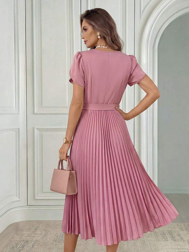 Women's Elegant Solid Color Belted Pleated Mid-Length Dress, Summer