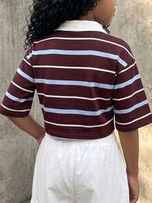 Tween Girls Summer Form-Fitting Striped Contrast Color Polo Neck Red/Brown T-Shirt,Parent-Child Clothing - Multicolor - View 4