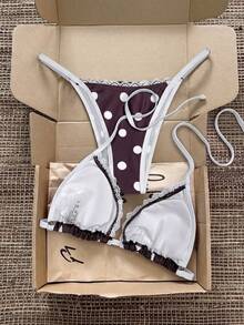 Elavelle Bộ bikini nữ cổ yếm xếp nếp in họa tiết ngẫu nhiên, thích hợp cho mùa xuân/hè. - Nhiều màu - Xem 3