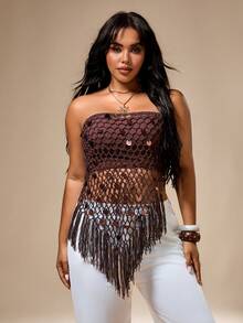 SHEIN Privé Gaun Pesta Musim Panas Kasual Boho Serbaguna Berbahan Chiffon dengan Hiasan Payet dan Lubang-lubang untuk Wanita Ukuran Besar - Gaun Penutup untuk Liburan, Pesta, dan Musim Panas - Coklat - View 6