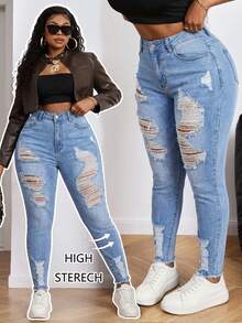 Slaydiva Blue Plus Size Jeans Casual Skinny Stretch Ripped Tights - Light Wash - View 1