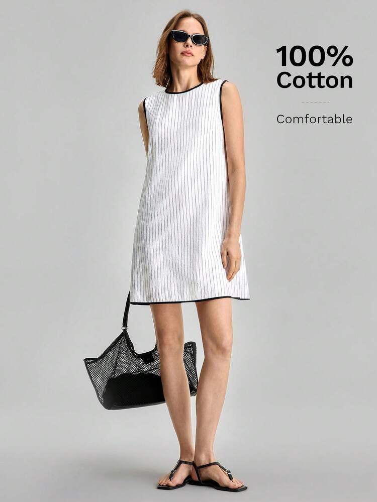 2026SS New Arrival Women's Loose Woven Fabric Striped Black & White Color Block Mini Dress, Invisible Zipper, A-Line Silhouette, Shell Button, Elegant Urban Chic Design, Suitable For Vacation, Party, Wedding Guest, Office, School, Romantic Date,Summer Holiday Vacation Beach Wear,Business Casual, Retro Elegant, All-Match Wardrobe, Independence Day, Beach, Office, Graduation,Color-Blocking Design
