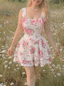 SHEIN MOD Plus Size Summer Double-Layer Drawstring Bowknot V-Neck Ruffle Trimmed Romper,Pink Floral Jumpsuit - Multicolor - View 6