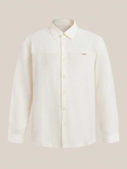 VeloEdit Camisa de unicolor para hombre, cuello color albaricoque, camisa blanca texturizada de manga larga talla S, camisa texturizada color crema de lino, con botones y bolsillo y cierre con botones, estilo minimalista, regalo del Día del Padre para padre y novio, atuendos