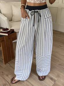 DAZY Contrast Striped Waistband 2 In 1 Drawstring Loose Wide Leg Pants, Casual Vacation Autumn Women Trousers Vacation Blue And White Striped - Blue - View 8