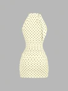 Nuevo vestido mini elegante de oficina de primavera, de estilo francés, con lunares, lazo en la cintura, fruncido y estilizador - Amarillo claro - Ver 2