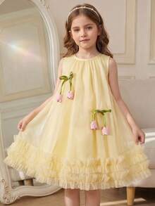 SHEIN Vintaside Kids 夏季女童杏色无袖网纱连衣裙，饰有郁金香图案，适合日常穿着 - 黃色 - 查看 2
