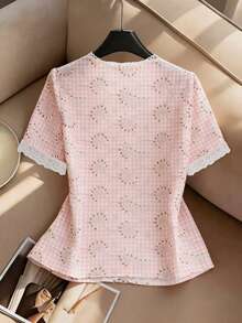 SHEIN 女士蕾丝拼接格子休闲百搭日常衬衫 - 淺粉色 - 查看 2