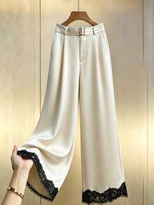 SHEIN Franclia Quần ống loe thanh lịch dành cho nữ, phối ren tương phản, kèm thắt lưng khóa kim loại, thích hợp cho các buổi đi chơi và hẹn hò mùa xuân/hè. - Nhiều màu - Xem 3