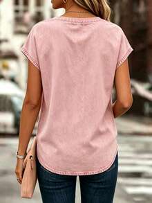 EMERY ROSE Women's Standard V-Neck Denim Print Short Sleeve T-Shirt - White - View 2