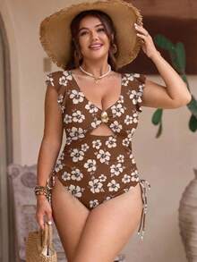 Swim Vcay 1pc Plus Size Women Brown And White One-Piece Swimsuit, Boho Monokini For Summer Holiday Beach Holiday - Coffee Brown - View 3