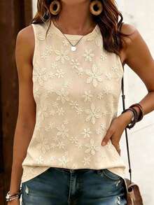 EMERY ROSE Women's Floral Print Sleeveless Top, Comfortable Casual Round Neck Tank Top, Suitable For Summer Daily Wear - Apricot - View 4
