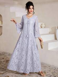 SHEIN Najma Đầm xòe tay lửng 3/4 cổ vuông phối ren tua rua dành cho nữ - Màu tím - Xem 7