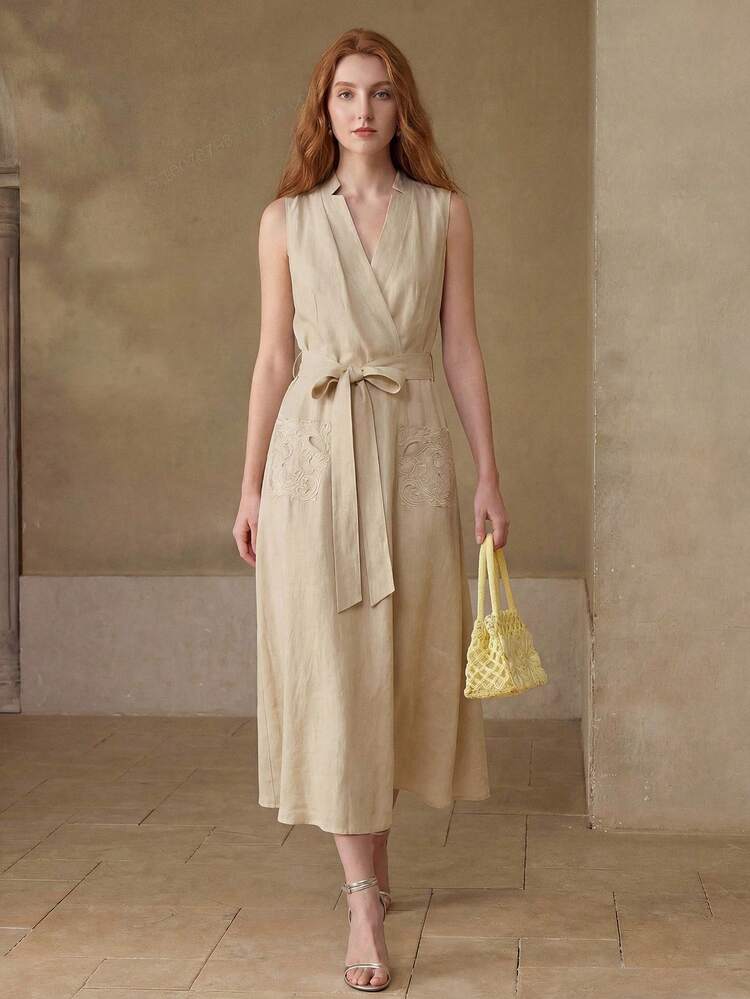 LINEN EMBROIDERY SLEEVELESS BELTED DRESS