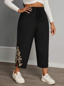 SHEIN PETITE CURVE Quần nữ cỡ lớn thêu họa tiết, cạp cao kiểu túi giấy, phong cách mùa xuân, cạp cao thanh lịch, quần đen thường ngày, dáng rộng. - màu đen - Xem 7