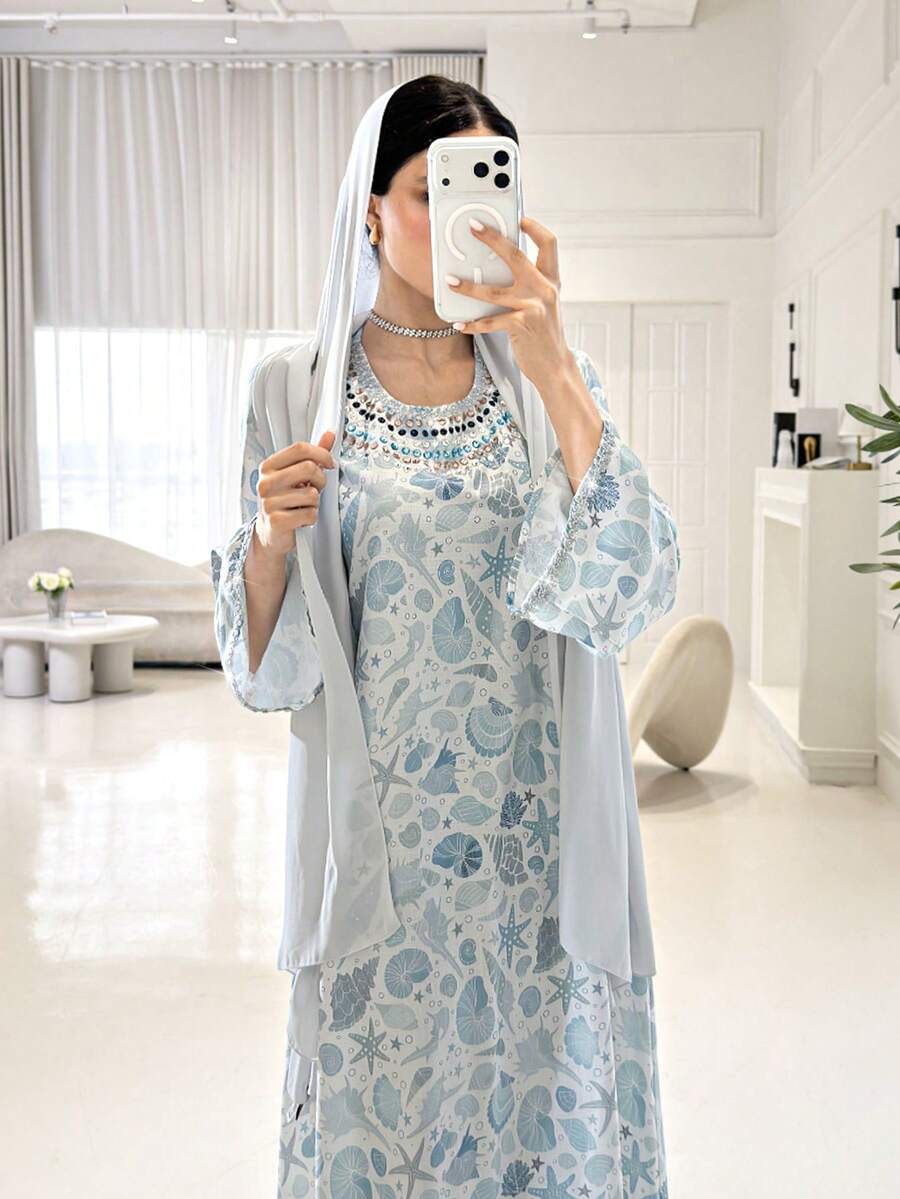 Yasmyna 女士圆领印花休闲派对旅行阿拉伯风格连衣裙 - 彩色 - 查看 1
