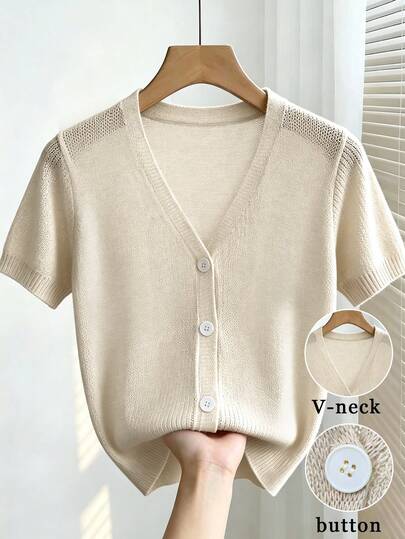 SHEIN Damen sanft minimalistischer Aprikot V-Ausschnitt Kurzarm Pendler Lässig Einreiher Slim Fit Basic einfarbig dünner Strick Cardigan, Damen Lässig Top, Damen elegantes Outfit, Sommerurlaubs-Kleidung
