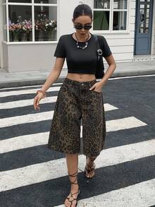 Dazy Tall Women's Leopard Print Cropped Jeans Casual Shorts Summer, Tall Women Everyday Brown - Brown - View 5