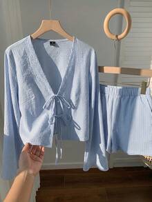 SHEIN EZwear 蓝色条纹休闲长袖系带衬衫和短裤家居服套装 - 藍白色 - 查看 3