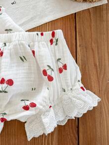 LMoss Kids Bộ 2 món áo ba lỗ và quần short dệt họa tiết trái cây cho bé gái - trắng - Xem 5