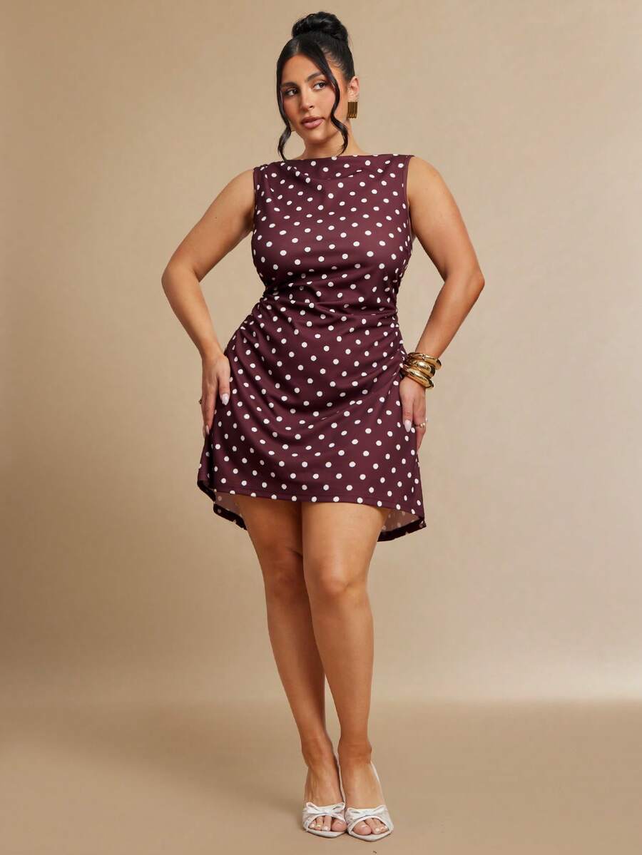 SHEIN BAE CURVE 大码女式波点A字荷叶边连衣裙 - 彩色 - 查看 1