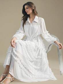 Ontre Women's Elegant Romantic White Long Sleeve Chiffon Maxi Dress,Autumn Tea Party Vacation Ruffle Hem A-Line Dress,Semi-Sheer Button Front Date Gown - White - View 5