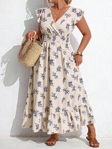 Breezaya Plus Size Women's V-Neck Ruffle Hem Bohemian Print Dress, Suitable For Spring/Summer Vacation Summer Beach Dress Vacation Outfits Women Holiday - Apricot - View 6
