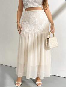 Modelyn Plus Size Women Vacation Embroidered Camisole And Mesh Patchwork Skirt Set - Apricot - View 7
