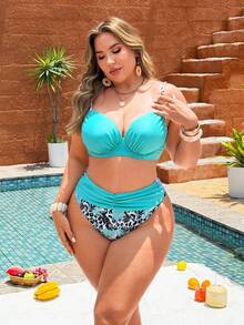 Swim Lushoire 2026 New Plus Size Teal Vacation Style Swimwear, High Elasticity Fabric Lift Support Separate Swimwear Beach Vacation Summer Tropical Sexy - Blue - View 4