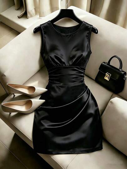 SHEIN Franclia Women's Elegant Sexy Sleeveless Black Solid Color Short Fitted Dress
