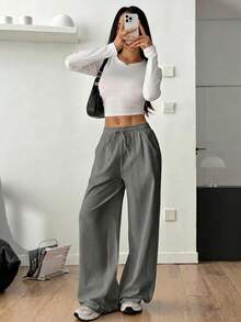 SHEIN PETITE 女款灰色夏季休閒居家服，100%純棉水洗長褲，波西米亞風海灘度假穿搭，極簡圓弧下擺基礎長褲，適合秋季鄉村音樂會，小個女款 - 灰色 - 查看 8