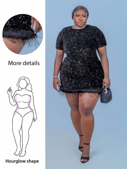 CurvyTilda Plus Size Women Black Sequin Embellished Short Sleeve Dress,Winter Dress Women,One-Piece Dress Ladies Autumn Winter,Elegant Party Dresses, Formal Dresses For Women,Wedding Dress, Fall Clothes Plus Size,Plus Size Woman Dresses,Dresses For Ladies Summer,Birthday Outfits For Women, Black Sparkly Dress, Sequin Dress,Valentine's Day,Valentine Outfits For Women, For Hourglass Body Shape