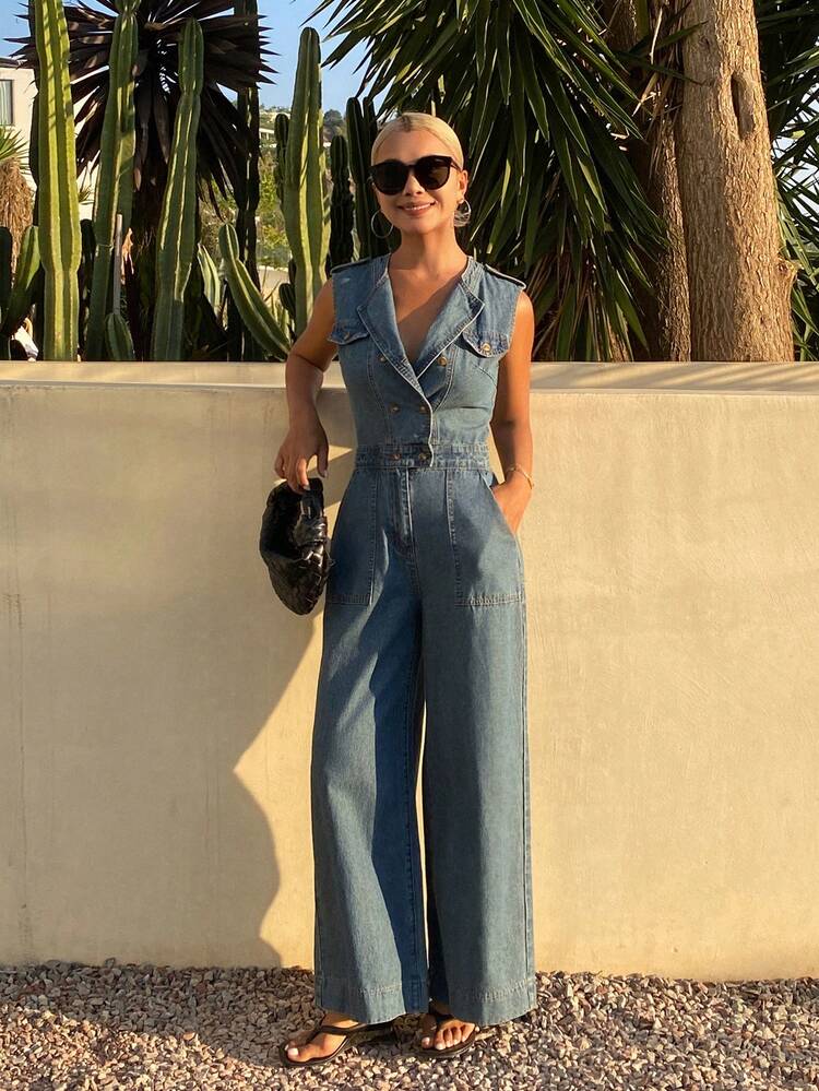 Women's Double-Breasted Pocket Wide Leg Casual Denim Jumpsuit Summer