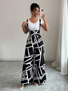 Elenzga Bộ jumpsuit nữ ống rộng in họa tiết hình học, kiểu dáng thường ngày. - màu đen - Xem 1